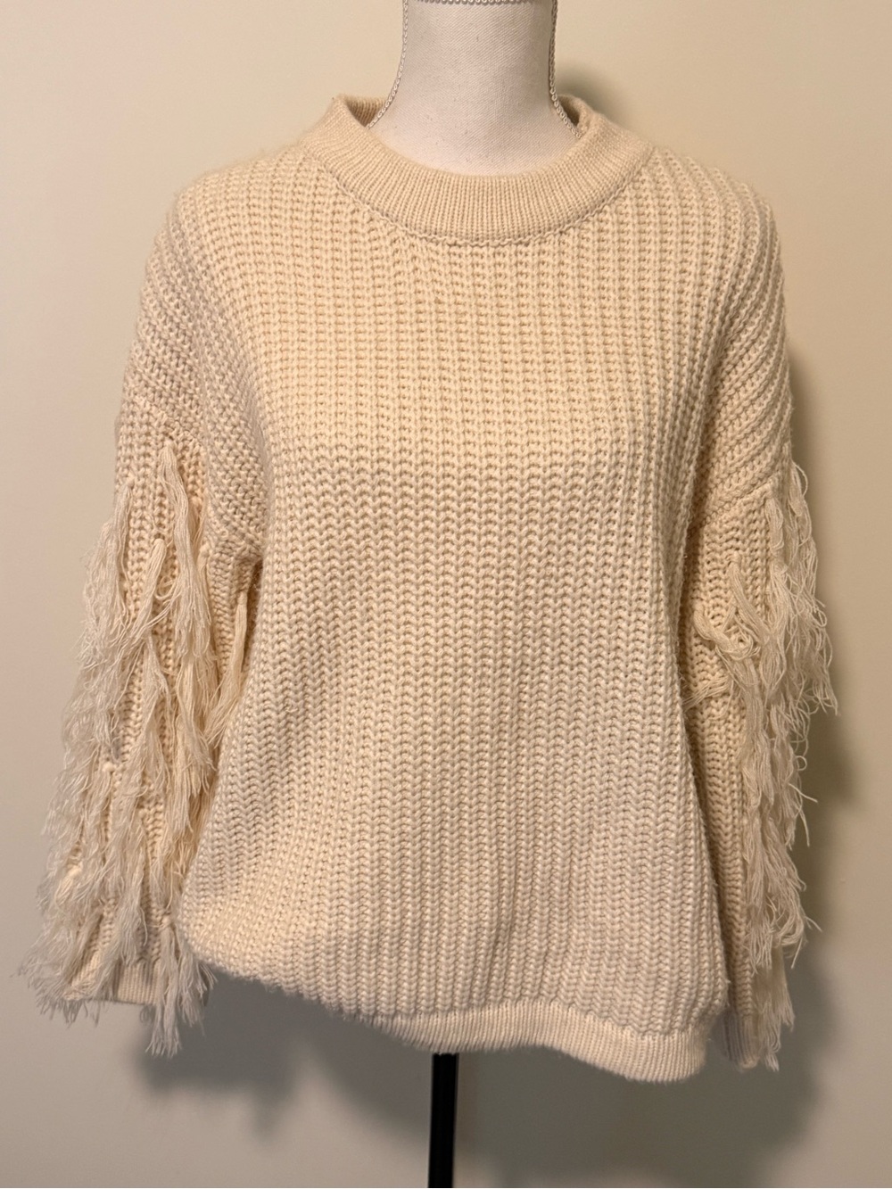 FATE Cream Fringe Sleeve Crew Neck Sweater Size S